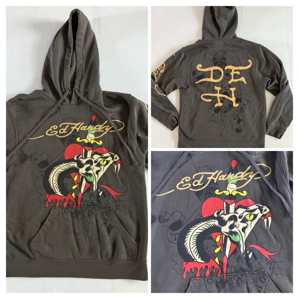 Ed Hardy Charcoal Hoodie with Snake and Skull Design